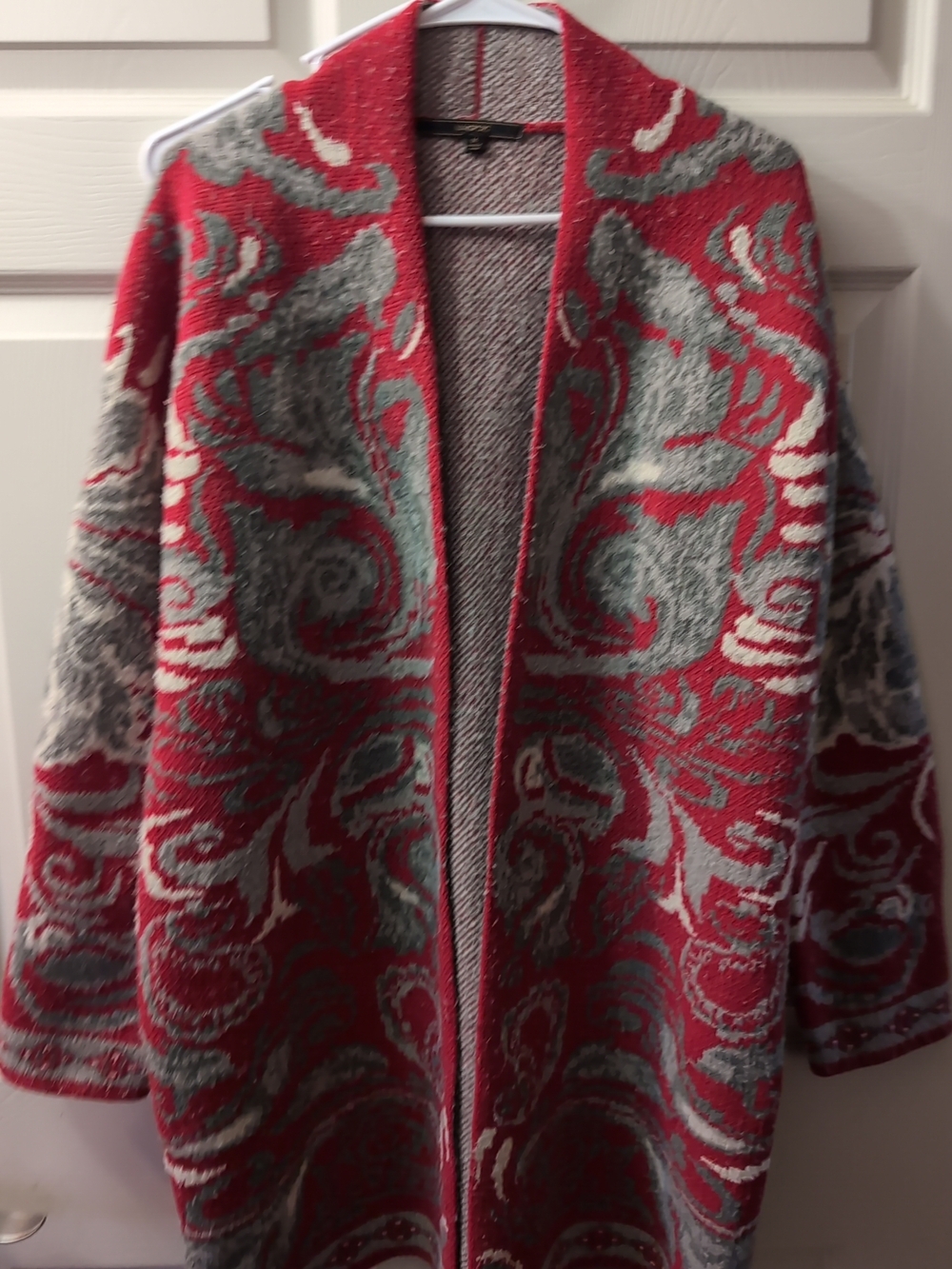 Open-Front Women's Sweater Cardigan in Red and Gray